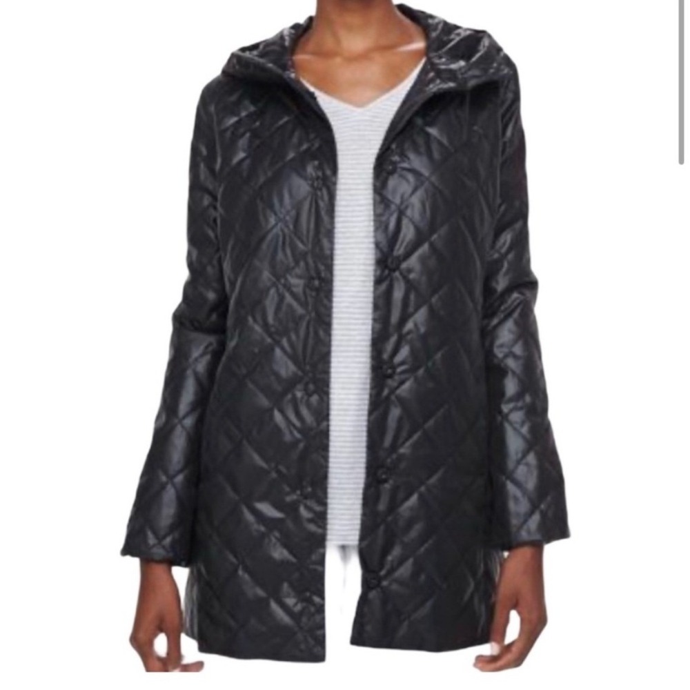 Eileen Fisher Quilted Hooded Coat Women's Large Black Long Fall Minimalist